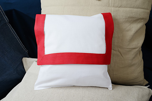 Hemstitch Baby Envelope Pillows. 12"x12". Red color border - Click Image to Close